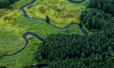 Lake reflecting green mountains